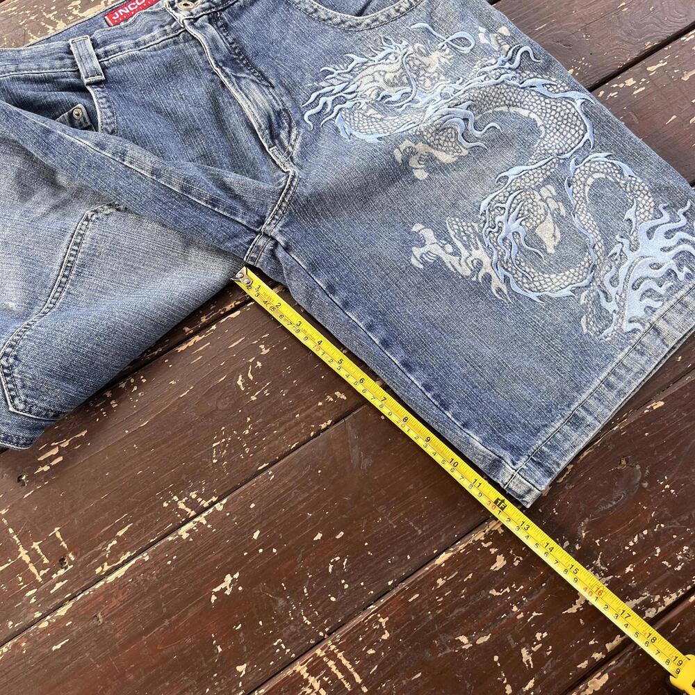 (32) Vintage 90s Y2K JNCO Jeans Jean Shorts Jorts Dragon Embroidered Baggy Skate - Picture 7 of 8